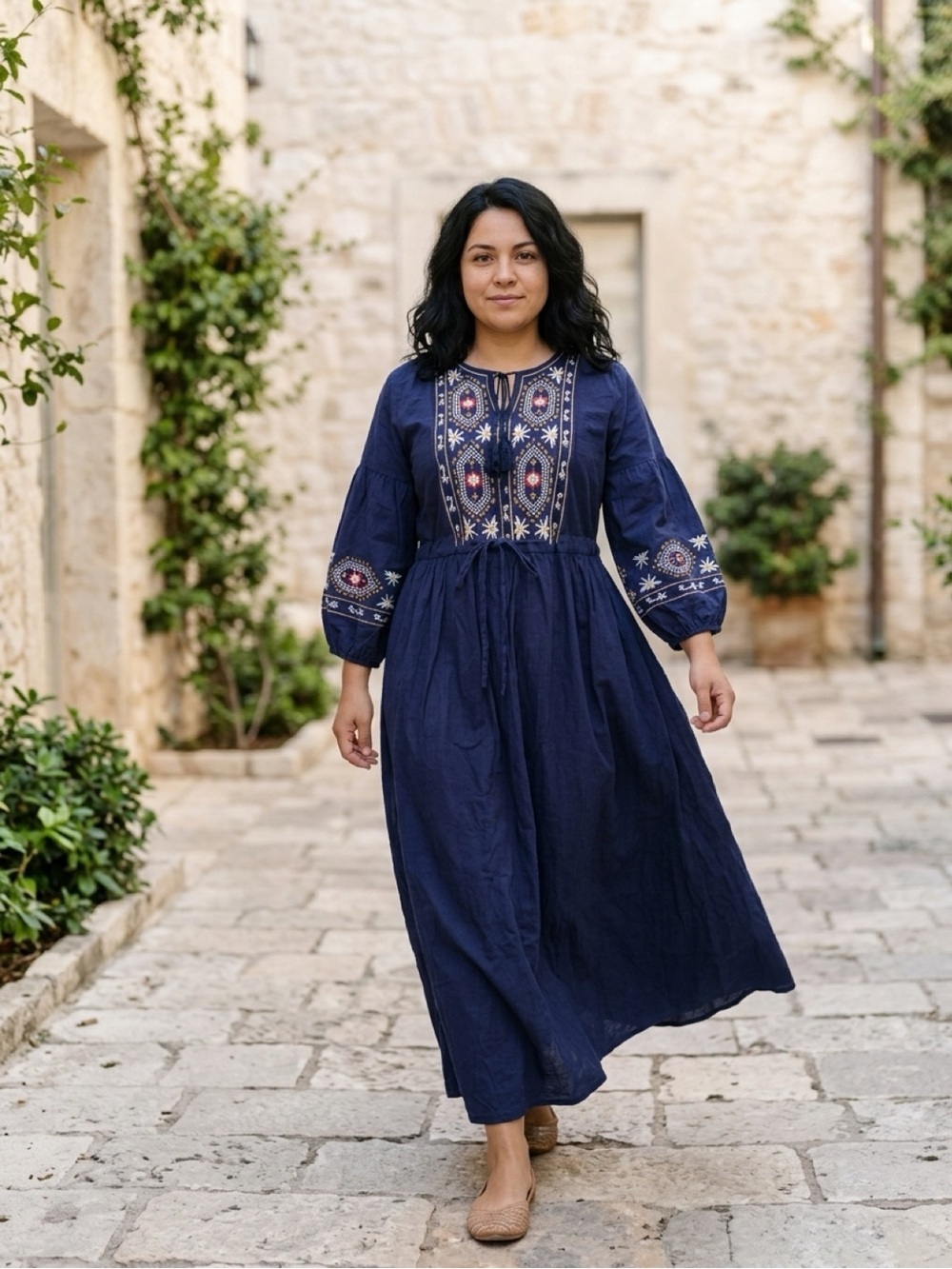 Embroidered Navy Boho Maxi Dress